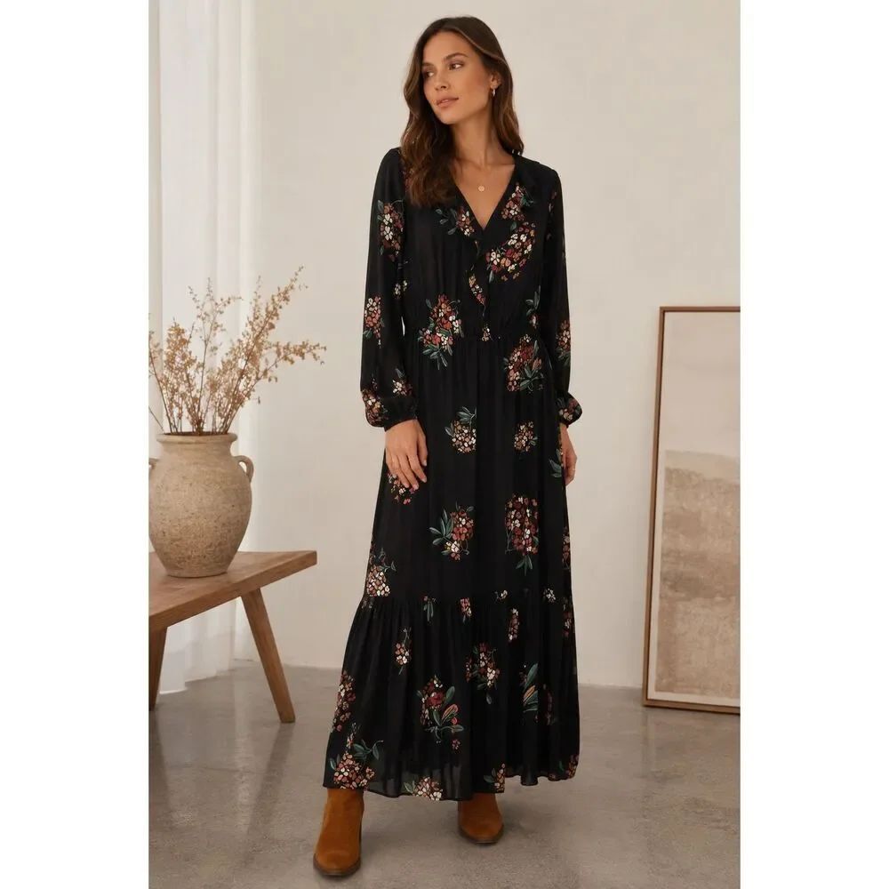 LOFT Petite Floral Maxi Dress Large Petite Gray Long Sleeve Ruffle Boho